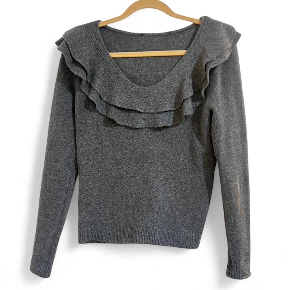 WHBM Gray Ruffle Crew Neck Sweater - Size Small